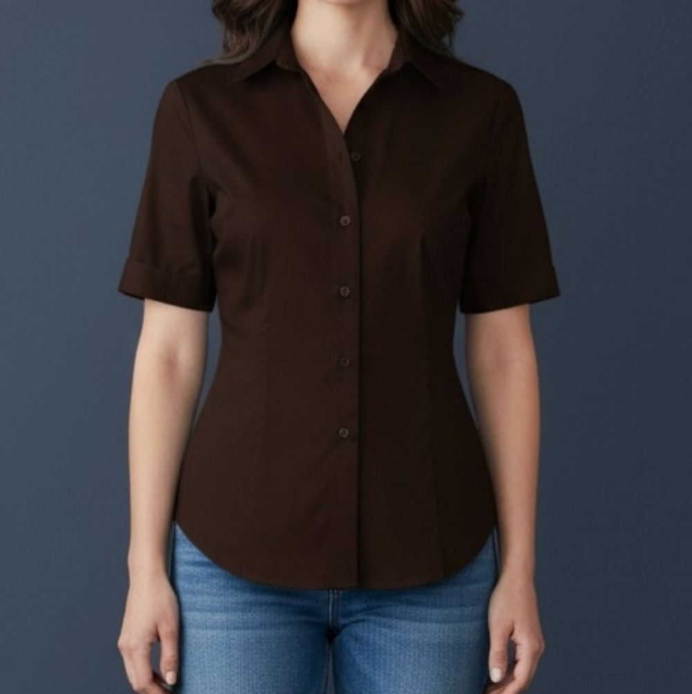 3/$30 NEW YORK & COMPANY Dark Brown Short Sleeve Button Down Landgirl Shirt